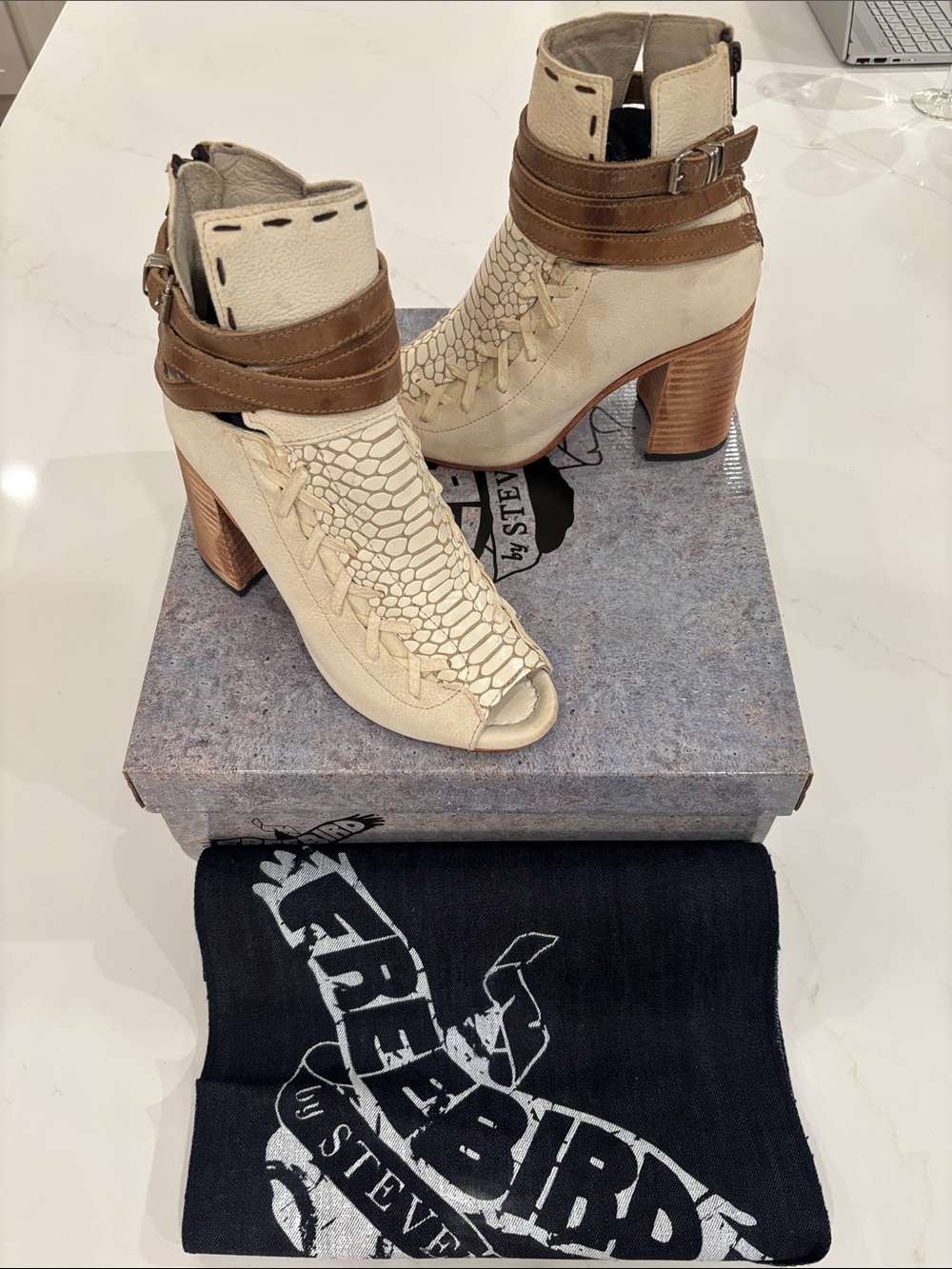 Steve Madden Cream and Brown Leather Peep-Toe Ankle Boots